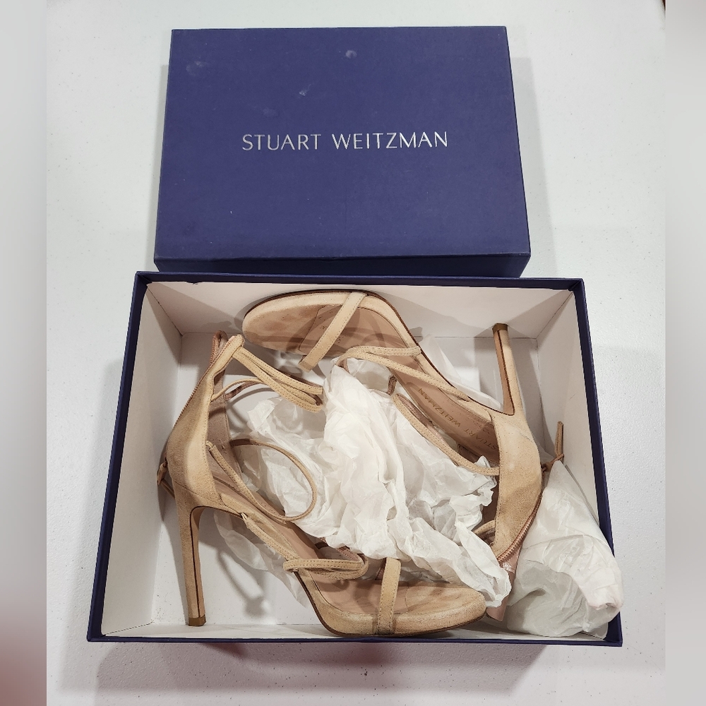 Stuart Weitzman Myex Bisque Suede Tan Strappy Heels Sandals Vanessa Hudgens View 3